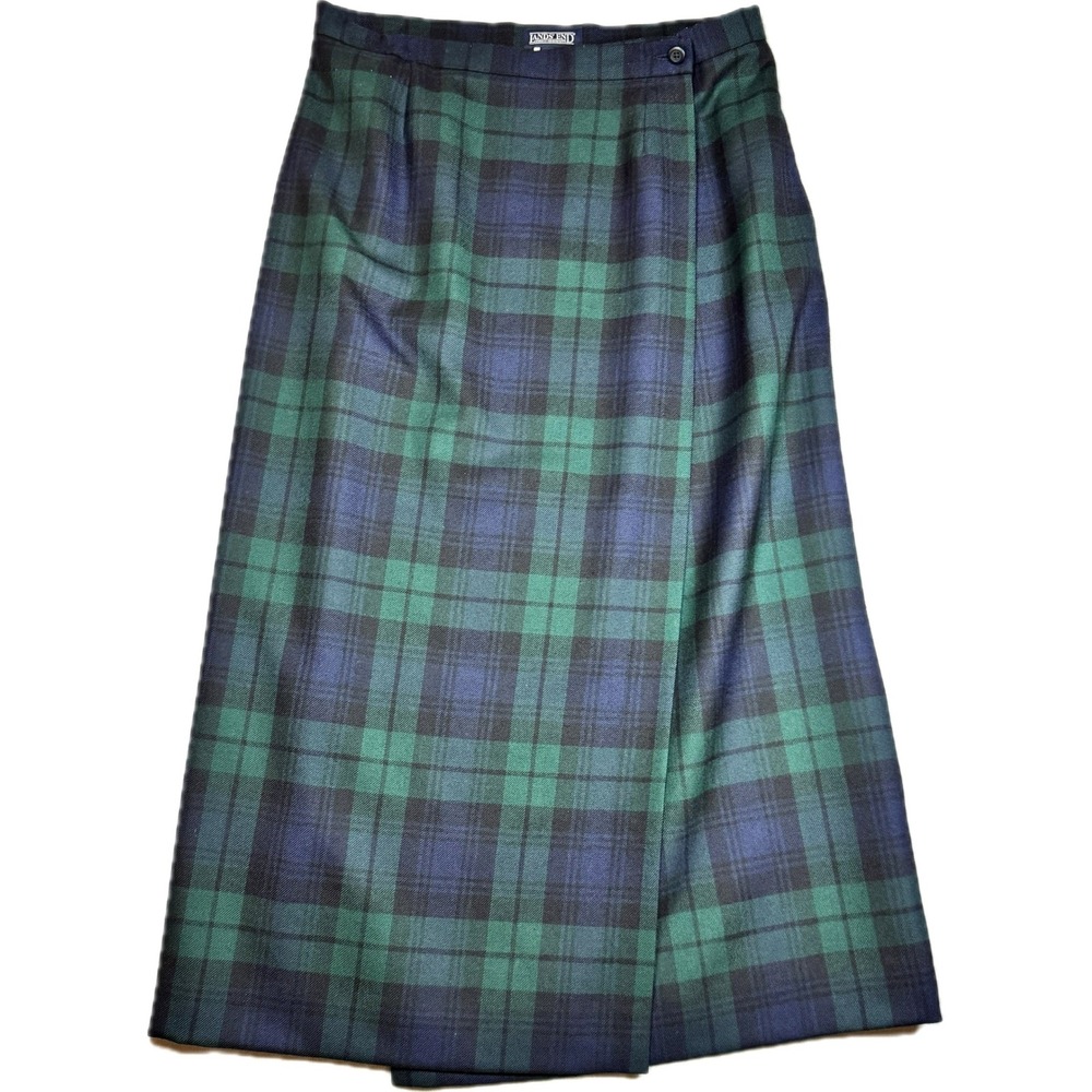 Lands End True Wrap Skirt Women 14 Green Blue Blackwatch Plaid Wool Lined Preppy